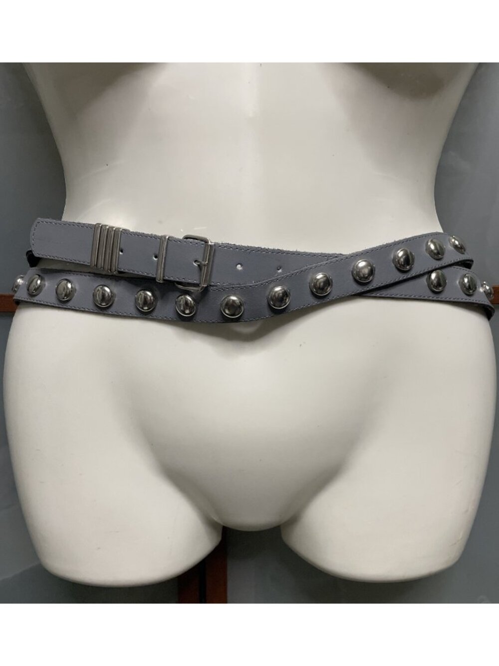 Laura Lei Vintage Double Wrap Silver Studded Grey Leather Waist Belt Punk Emo
